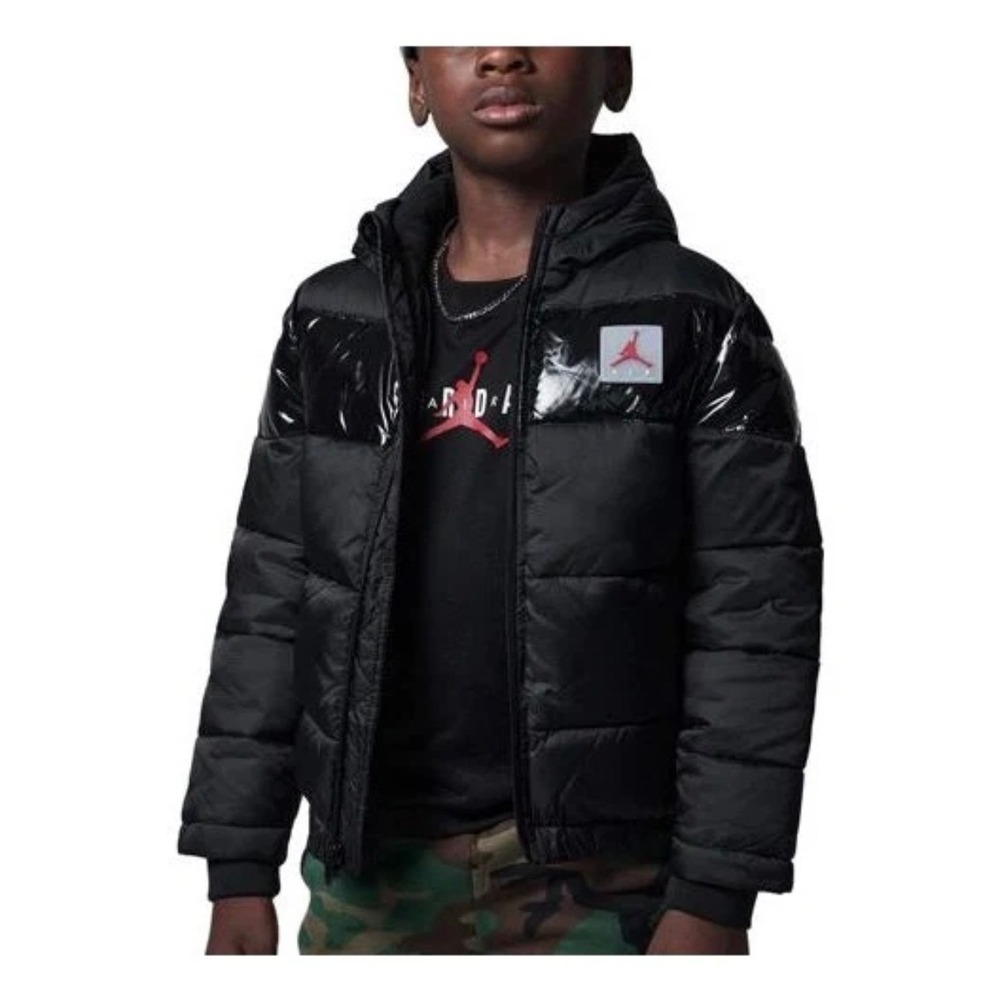 Jordan Kids Jumpman Air Puffer Jacket Black Hooded Fleece Lined Coat L 12-13Y